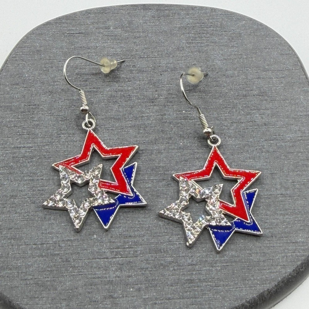 Red White Blue Rhinestone Triple Star Dangle Earrings Patriotic Statement Gift